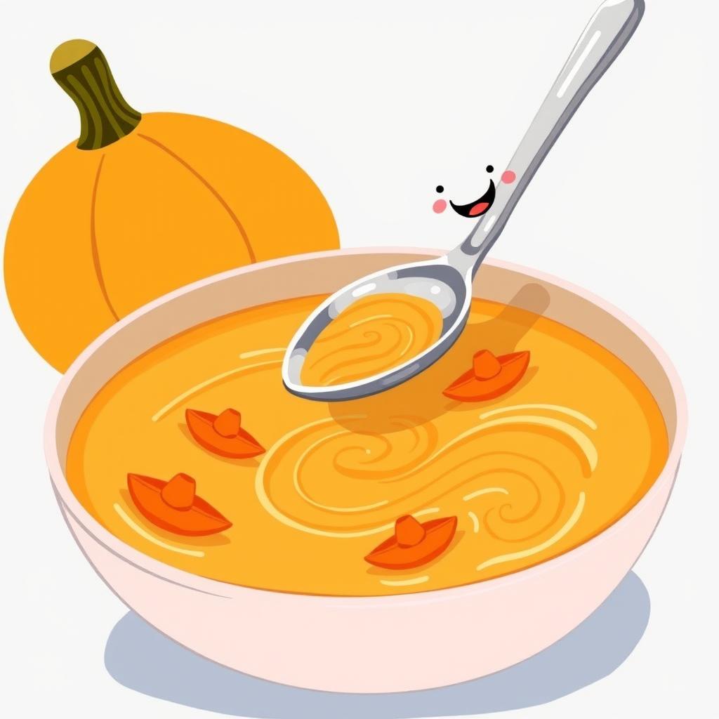 In a whimsical cartoon scene, a colorful bowl of thick soup features tiny boats made of vibrant orange carrots floating on the surface