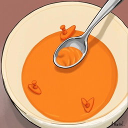 In a whimsical cartoon scene, a colorful bowl of thick soup features tiny boats made of vibrant orange carrots floating on the surface