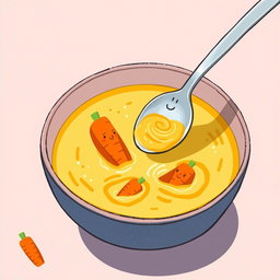 In a whimsical cartoon scene, a colorful bowl of thick soup features tiny boats made of vibrant orange carrots floating on the surface