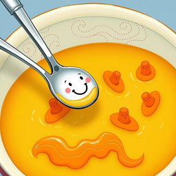 In a whimsical cartoon scene, a colorful bowl of thick soup features tiny boats made of vibrant orange carrots floating on the surface