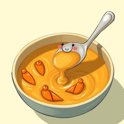 In a playful cartoon scene, a colorful bowl of thick soup features tiny boats made of bright orange carrots floating on the surface