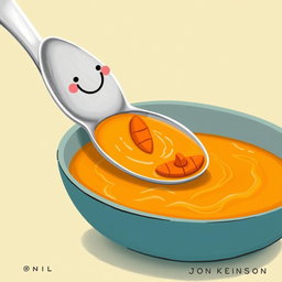 In a playful cartoon scene, a colorful bowl of thick soup features tiny boats made of bright orange carrots floating on the surface