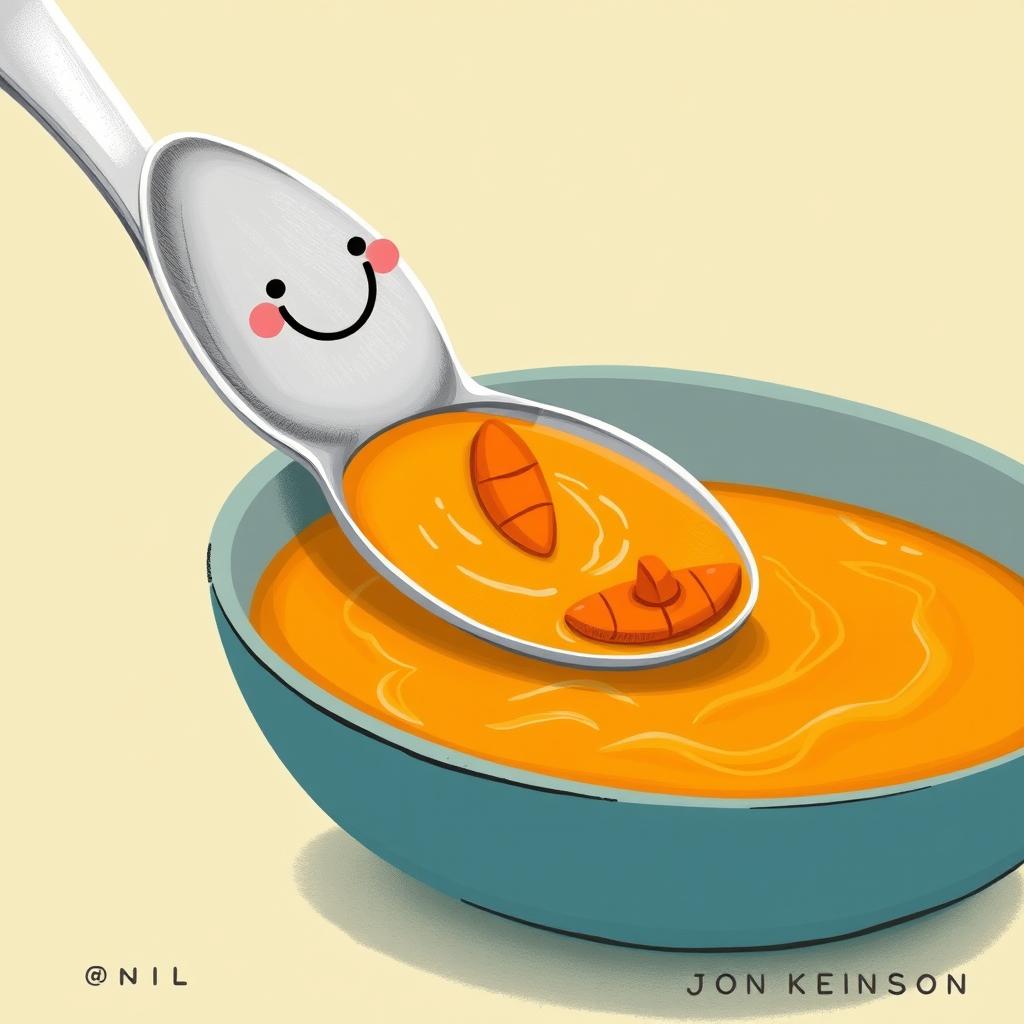 In a playful cartoon scene, a colorful bowl of thick soup features tiny boats made of bright orange carrots floating on the surface