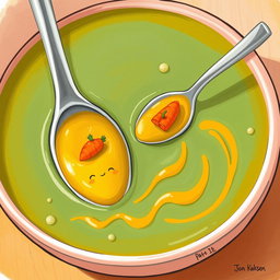 In a playful cartoon scene, a colorful bowl of thick soup features tiny boats made of bright orange carrots floating on the surface