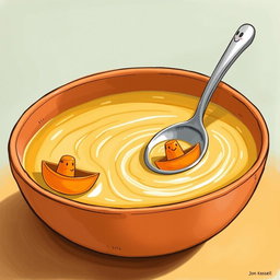In a playful cartoon scene, a colorful bowl of thick soup features tiny boats made of bright orange carrots floating on the surface