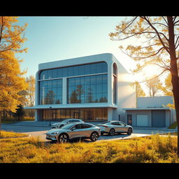 Design a modern three-story building with a small manufacturing facility to the right, featuring a futuristic architectural style against the backdrop of vibrant summer Siberian nature