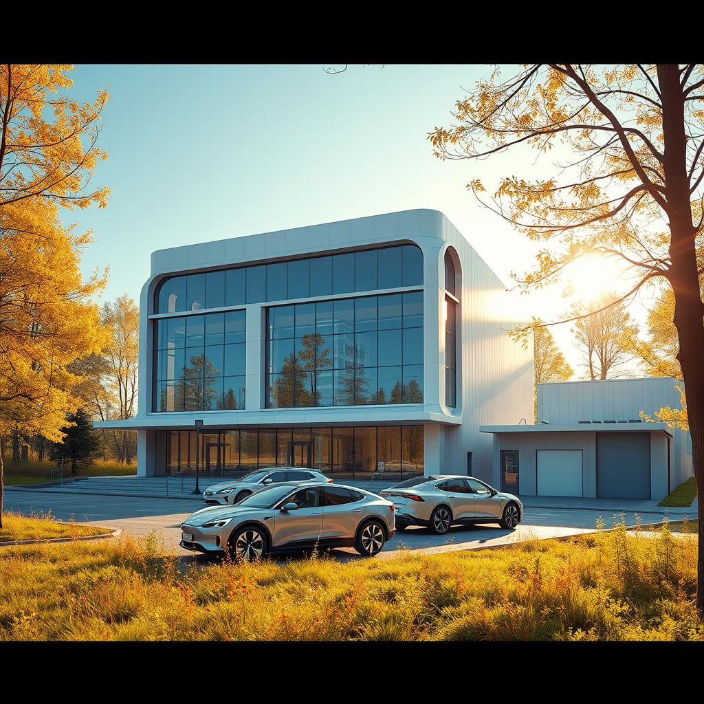 Design a modern three-story building with a small manufacturing facility to the right, featuring a futuristic architectural style against the backdrop of vibrant summer Siberian nature