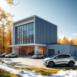 Design a modern three-story building with a small manufacturing facility to the right, featuring a futuristic architectural style against the backdrop of vibrant summer Siberian nature