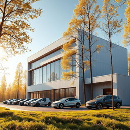 Design a modern three-story building with a small manufacturing facility to the right, featuring a futuristic architectural style against the backdrop of vibrant summer Siberian nature