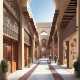 Architectural design of a traditional souq with a central axis. The souq features regional architecture, bustling vendors, and an intricate pathway lined with vibrant stalls.