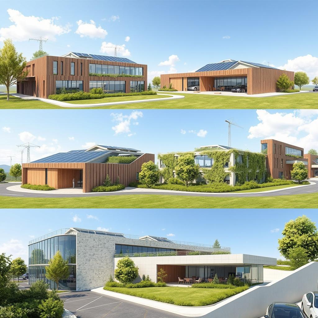 Concept designs for office and industrial buildings for a renewable energy company, focusing on functional and environmental aspects