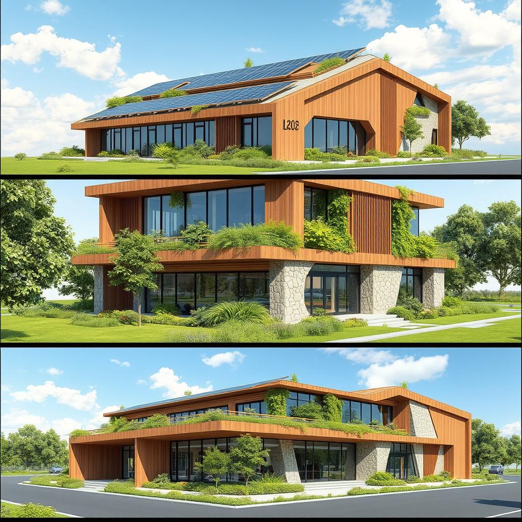 Concept designs for a three-story office and industrial building for a renewable energy company, styled in an innovative futuristic design
