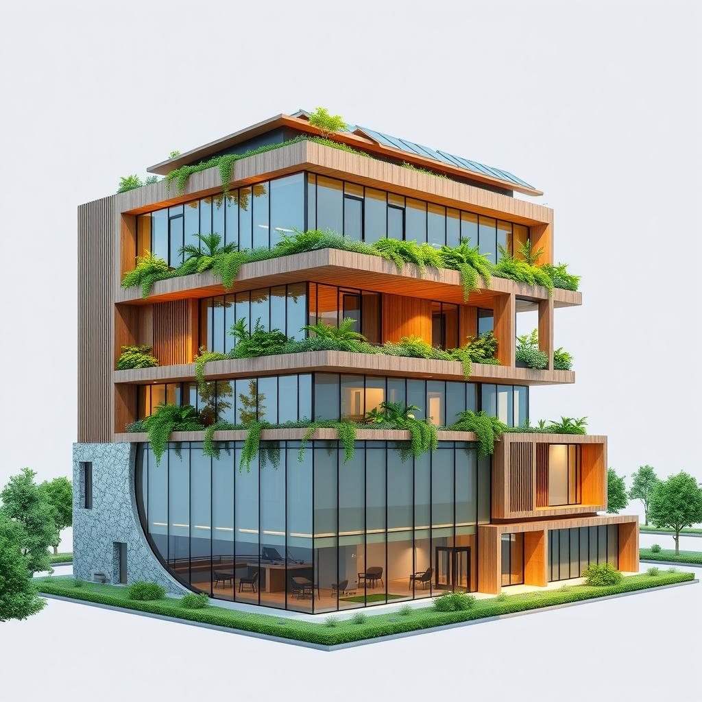 Concept designs for a three-story office and industrial building for a renewable energy company, styled in an innovative futuristic design