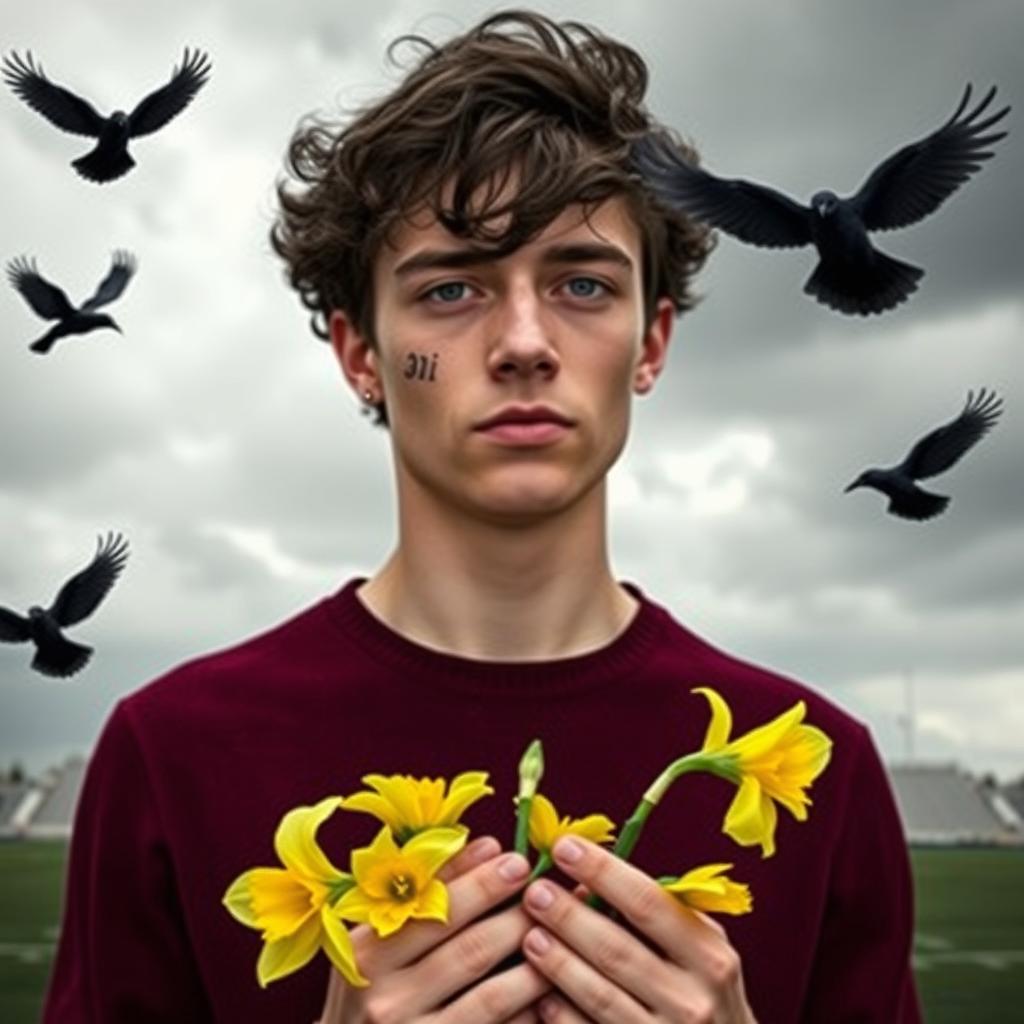 A slender 20-year-old French guy with mysterious gray eyes and dark curls framing his face, standing against a mesmerizing gray sky above an empty football field
