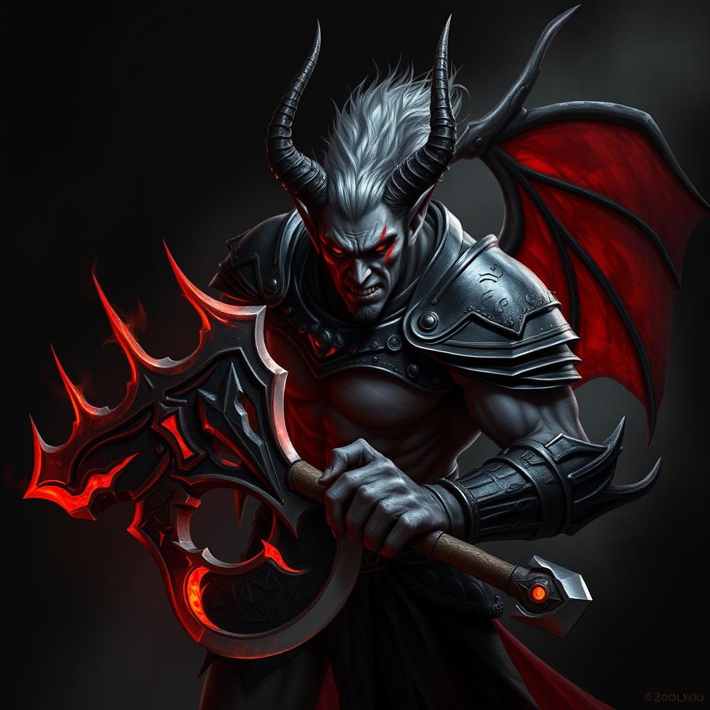 A fearsome demonic character named Moloch, a male Tiefling with piercing red eyes and ash-colored hair that is dramatically swept back