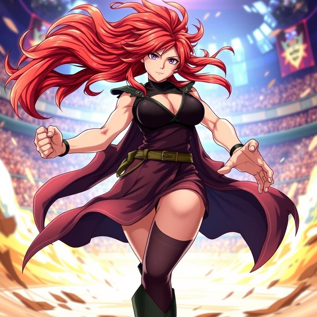 A dynamic pose of Mereoleona Vermillion from Black Clover, stylized as if she's in a fighting game