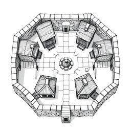 A detailed black and white drawing from a top-down and side perspective of a dwarven squared housing block