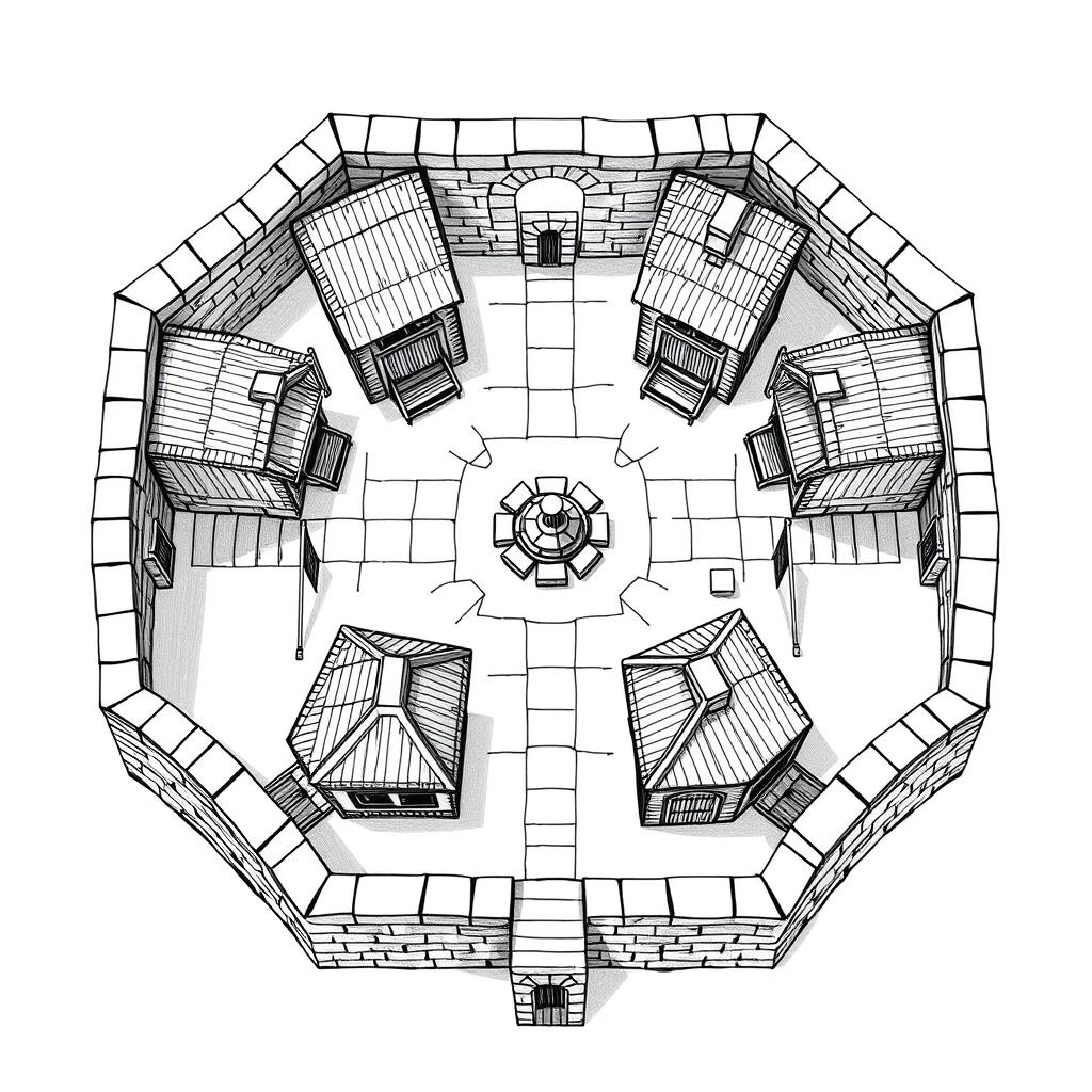 A detailed black and white drawing from a top-down and side perspective of a dwarven squared housing block