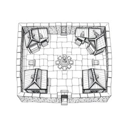 A detailed black and white drawing from a top-down and side perspective of a dwarven squared housing block