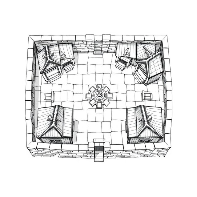 A detailed black and white drawing from a top-down and side perspective of a dwarven squared housing block