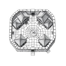A detailed black and white drawing from a top-down and side perspective of a dwarven squared housing block
