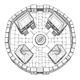 A detailed black and white drawing from a top-down and side perspective of a dwarven squared housing block
