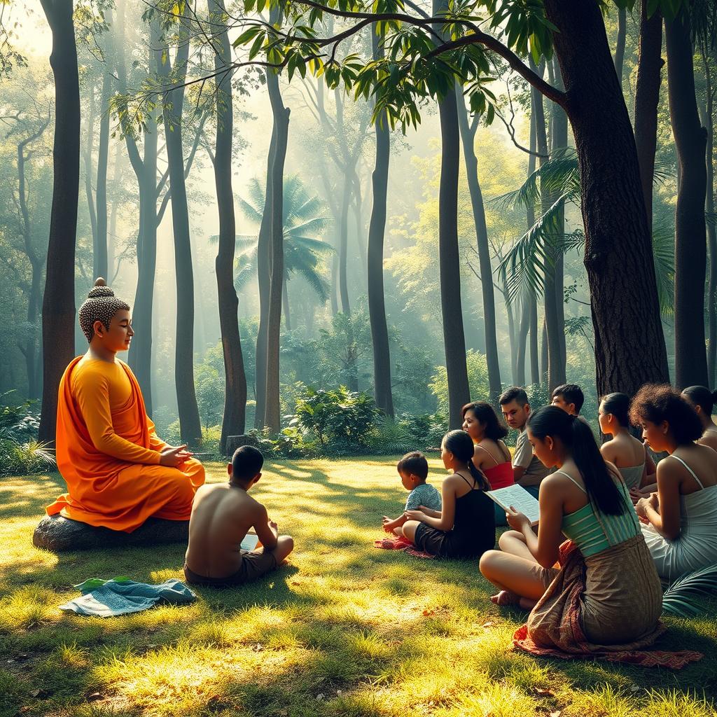 A serene forest scene depicting the Buddha in a calming, meditative pose, surrounded by a diverse group of laypeople listening attentively