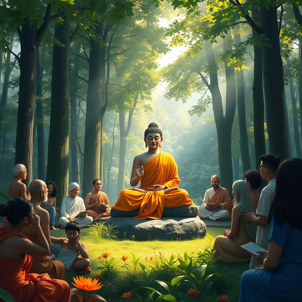 A tranquil forest setting illustrating the Buddha seated on a natural stone, elegantly draped in traditional orange robes, preaching to a diverse group of laypeople
