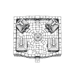 A detailed black and white drawing from a top-down and side perspective of a dwarven squared housing block