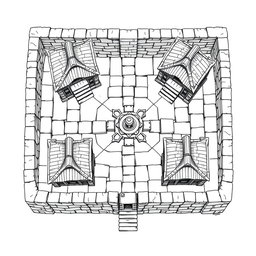 A detailed black and white drawing from a top-down and side perspective of a dwarven squared housing block