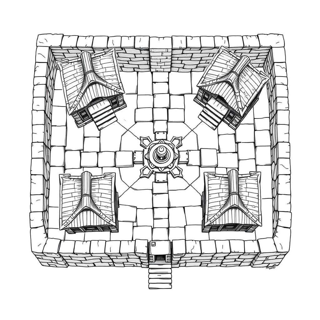 A detailed black and white drawing from a top-down and side perspective of a dwarven squared housing block