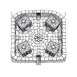 A detailed black and white drawing from a top-down and side perspective of a dwarven squared housing block