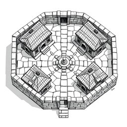 A detailed black and white drawing from a top-down and side perspective of a dwarven squared housing block