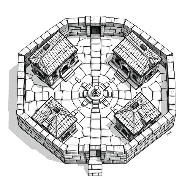 A detailed black and white drawing from a top-down and side perspective of a dwarven squared housing block