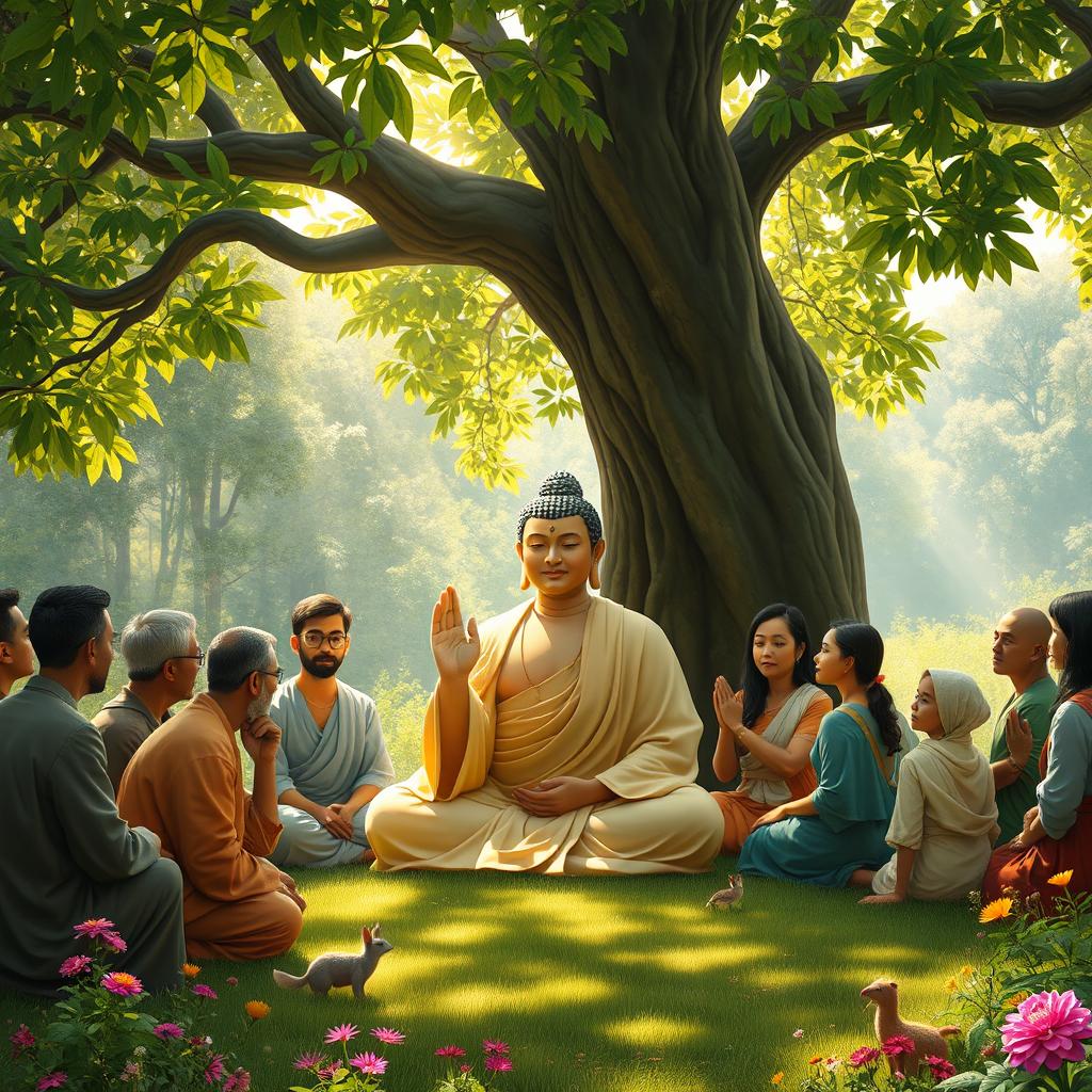The serene scene of the Buddha, a South Asian man with a peaceful expression, seated under a large tree in a lush green forest, surrounded by a diverse group of laypeople, including men and women of different ages and ethnic backgrounds, all listening intently