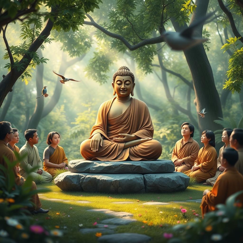 A serene and peaceful scene depicting the Buddha, the founder of Buddhism, seated on a natural stone platform in a lush green forest, surrounded by his followers