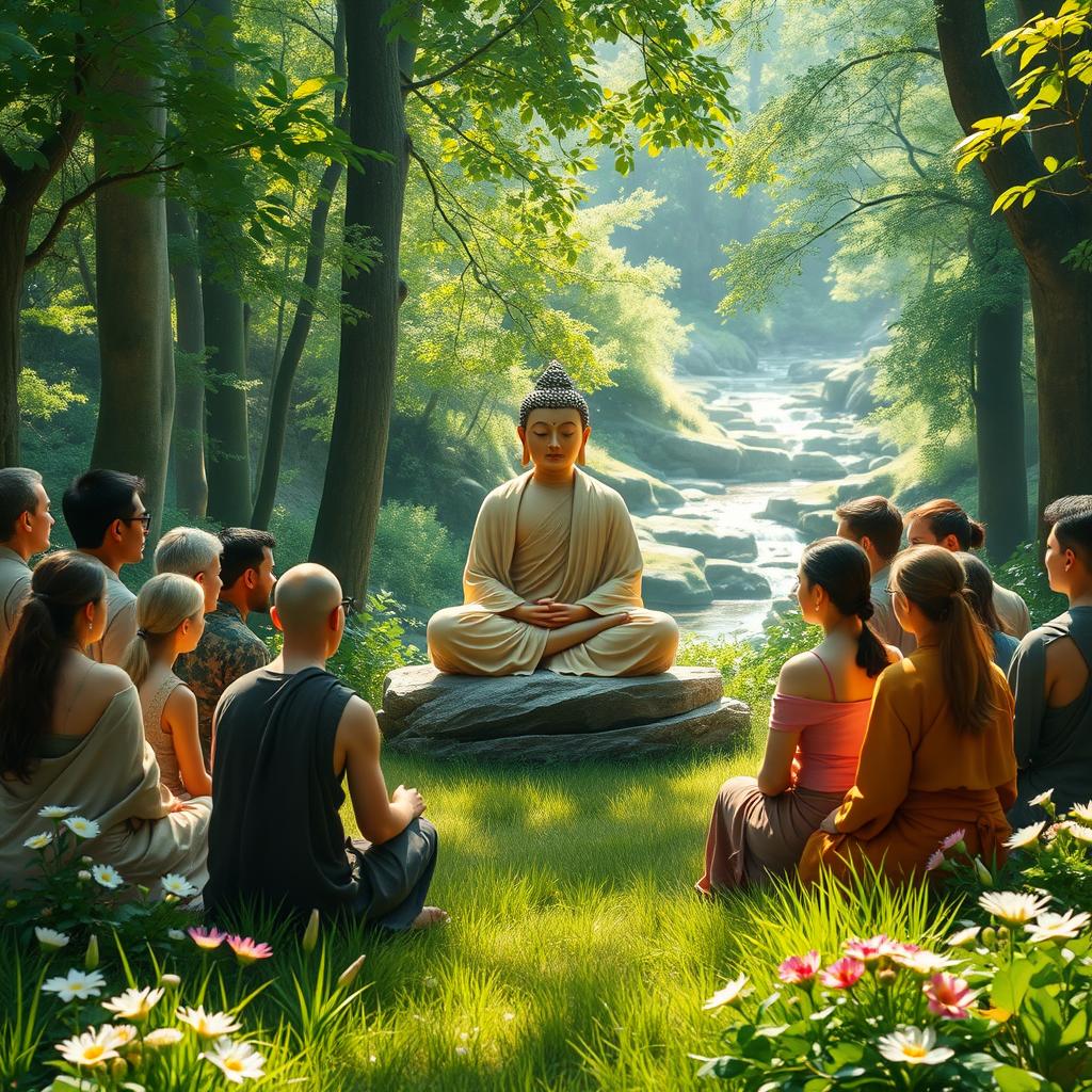 A serene and peaceful scene of a Buddhist sermon taking place in a lush forest
