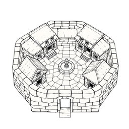 A side view black and white drawing of a dwarven squared housing block, featuring 4 identical 2-floored square stone buildings
