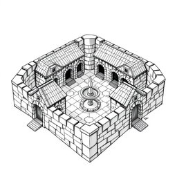 A side view black and white drawing of a dwarven squared housing block, featuring 4 identical 2-floored square stone buildings