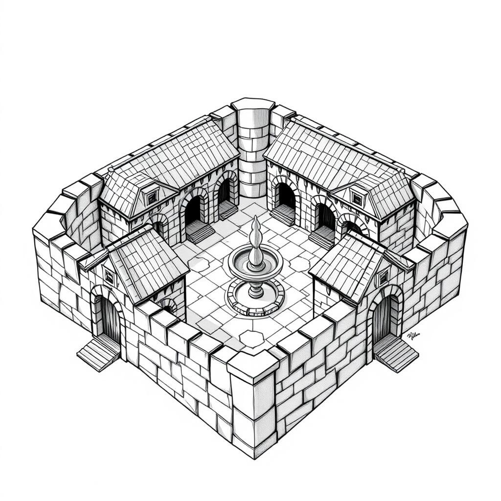 A side view black and white drawing of a dwarven squared housing block, featuring 4 identical 2-floored square stone buildings