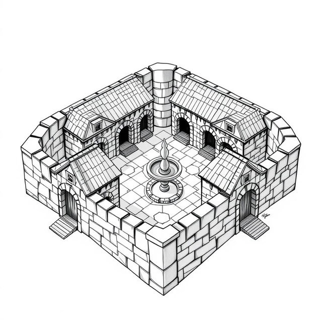 A side view black and white drawing of a dwarven squared housing block, featuring 4 identical 2-floored square stone buildings