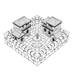 A side view black and white drawing of a dwarven squared housing block, featuring 4 identical 2-floored square stone buildings