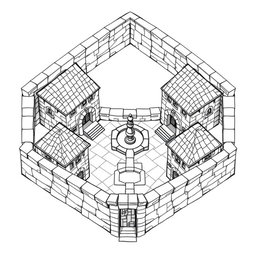 A side view black and white drawing of a dwarven squared housing block, featuring 4 identical 2-floored square stone buildings
