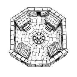 A detailed black and white drawing from an overhead and side perspective of a dwarven squared housing block