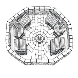 A detailed black and white drawing from an overhead and side perspective of a dwarven squared housing block