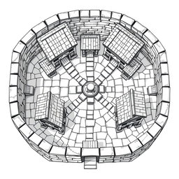 A detailed black and white drawing from an overhead and side perspective of a dwarven squared housing block