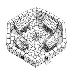 A detailed black and white drawing from an overhead and side perspective of a dwarven squared housing block