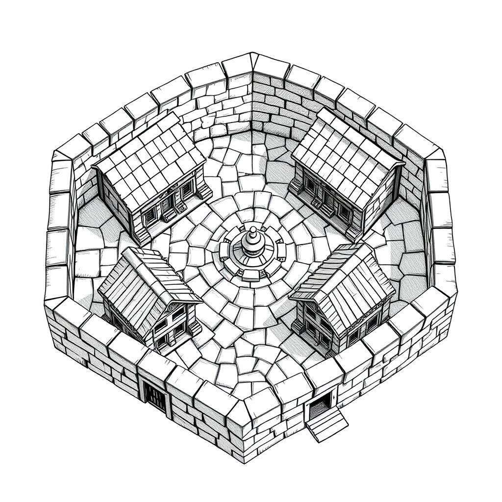A detailed black and white drawing from an overhead and side perspective of a dwarven squared housing block