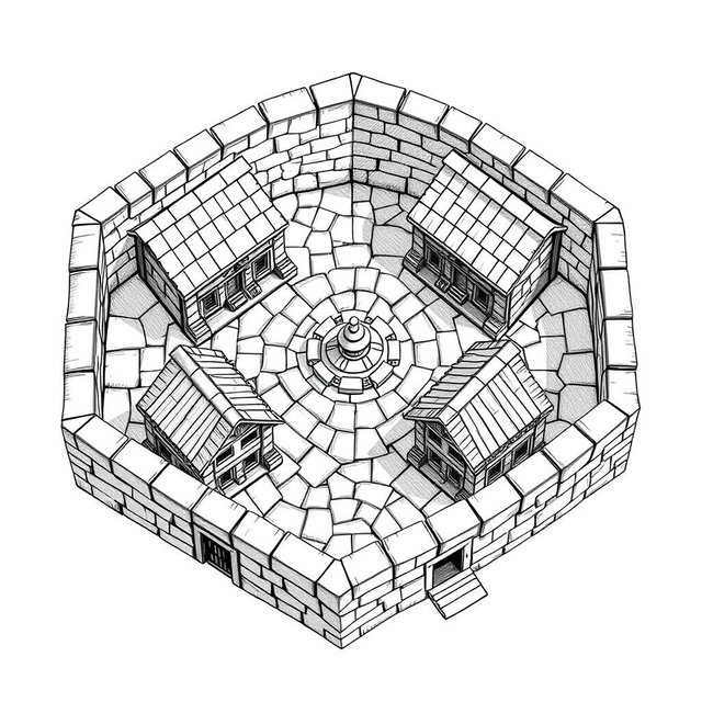 A detailed black and white drawing from an overhead and side perspective of a dwarven squared housing block