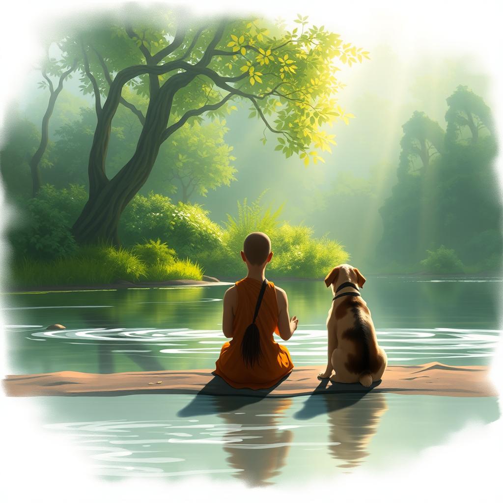A calm scene depicting a thero (Buddhist monk) sitting peacefully and meditating by a serene river